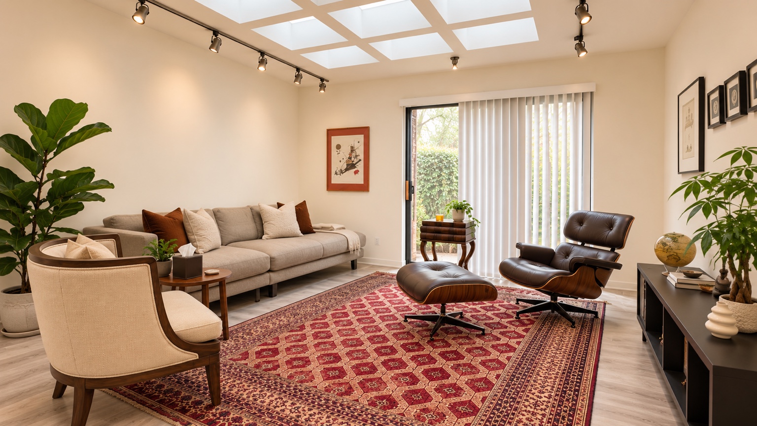 Westwood psychotherapy office with a sofa, lounge chairs, plants, and a red patterned rug